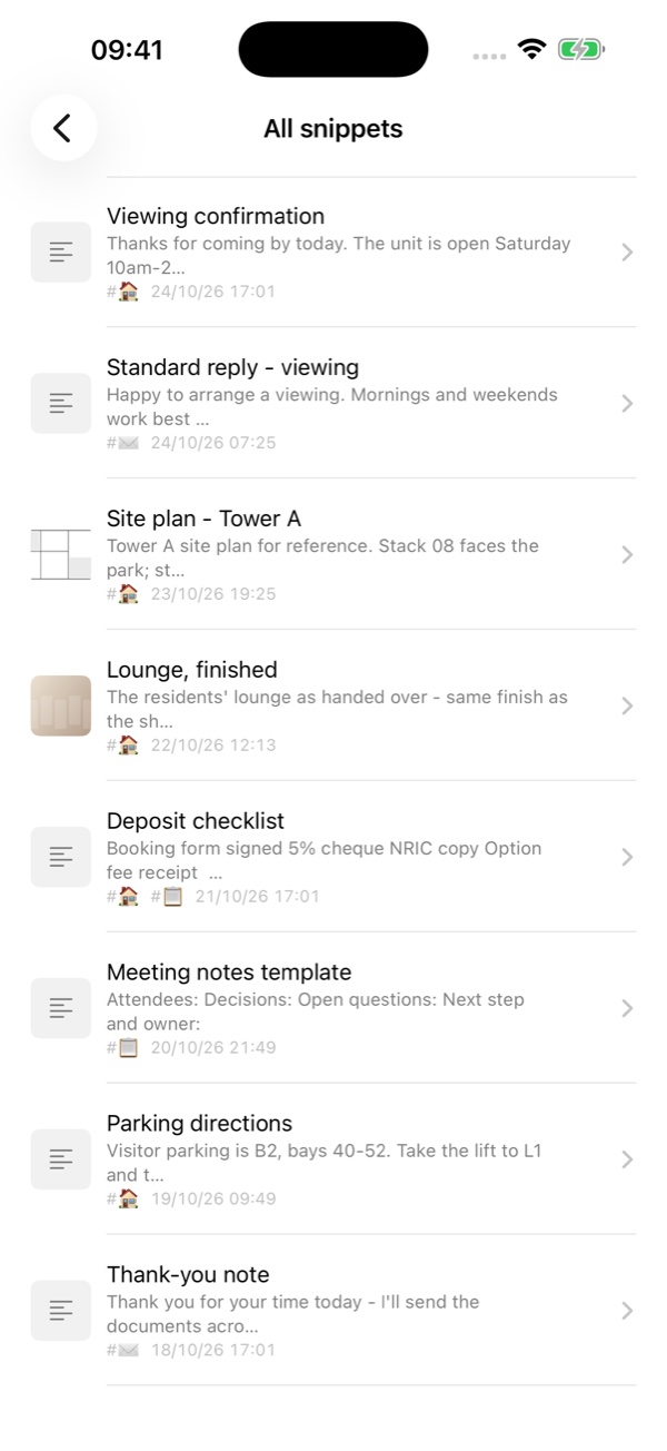 TypeSwift on iPhone: all snippets with thumbnails, tags and timestamps.