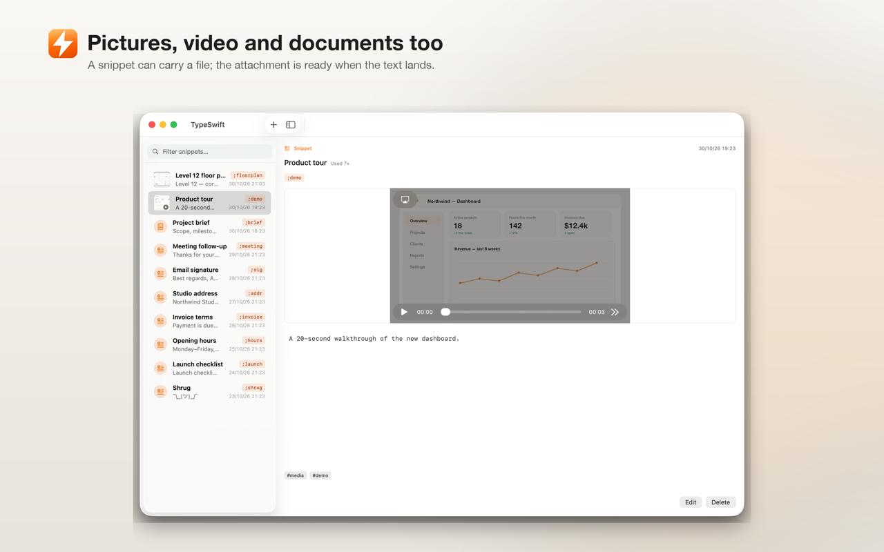 A TypeSwift snippet carrying a picture and a file, with the attachment ready to paste.