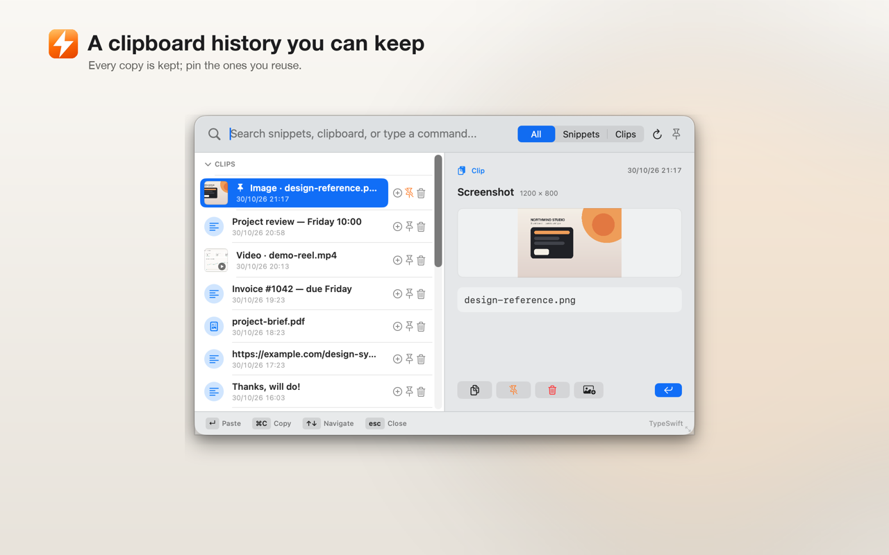 Clipboard history with pinned clips and thumbnails.
